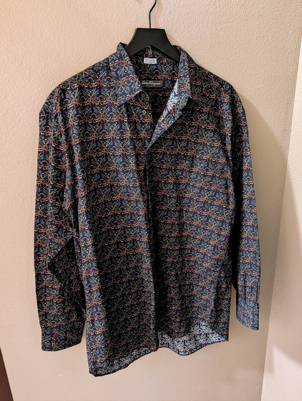 Salvatore Ferragamo Navy Blue Multicolor Patterned Dress Shirt